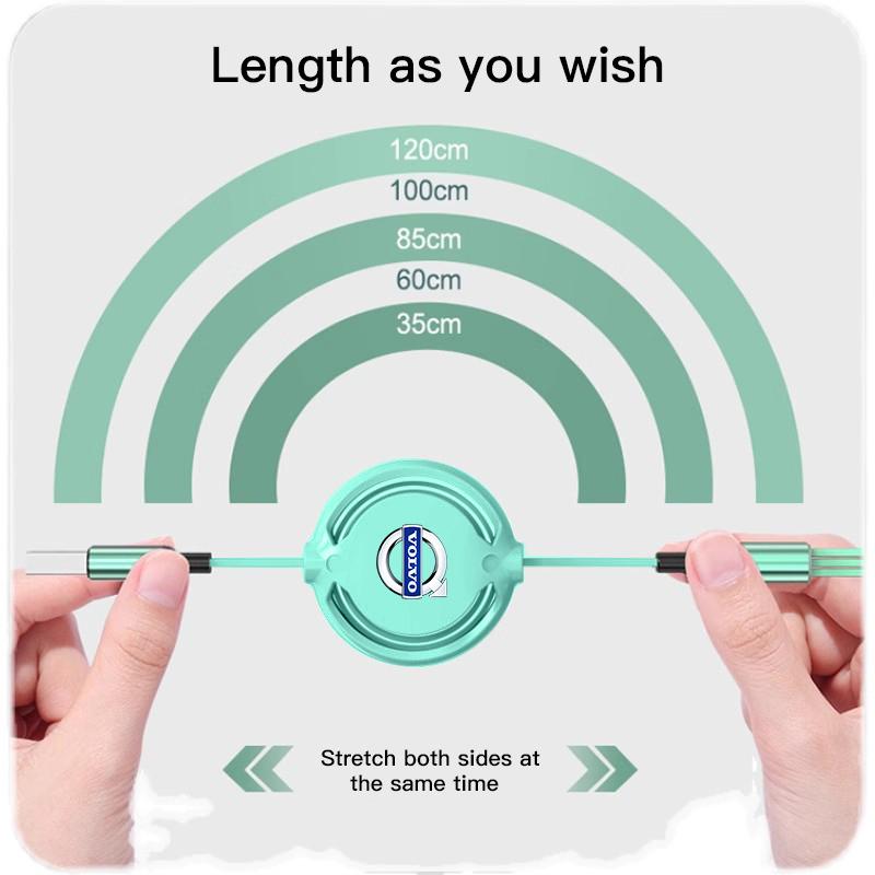 3 In 1 Retractable 100W Fast Car Charge Data Cable USB Type C For Volvo XC90 V90 V60 XC60 V40 EC40 EX40 S80 S60 S90 C40 XC40 V70