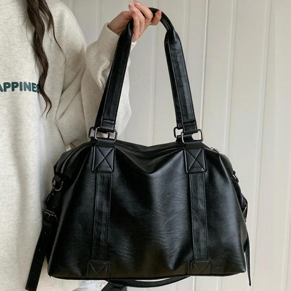Grande Capacidade Bolsas de Ombro Pretas Para Mulheres Grande Bolsa de Compras Cor Sólida Couro Macio Bolsa Crossbody Bolsa de Viagem Feminina