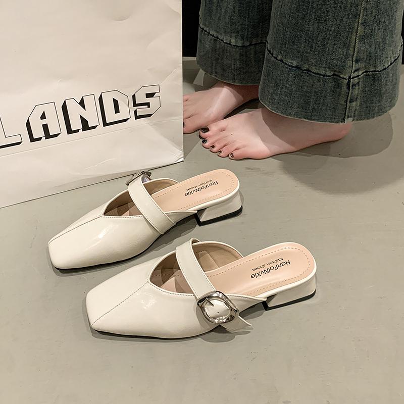 Women's Outdoor Summer Spring Square Head Slip-On Sandals with Buckle Casual Thick Heel Covered Toe Semi-Slipper