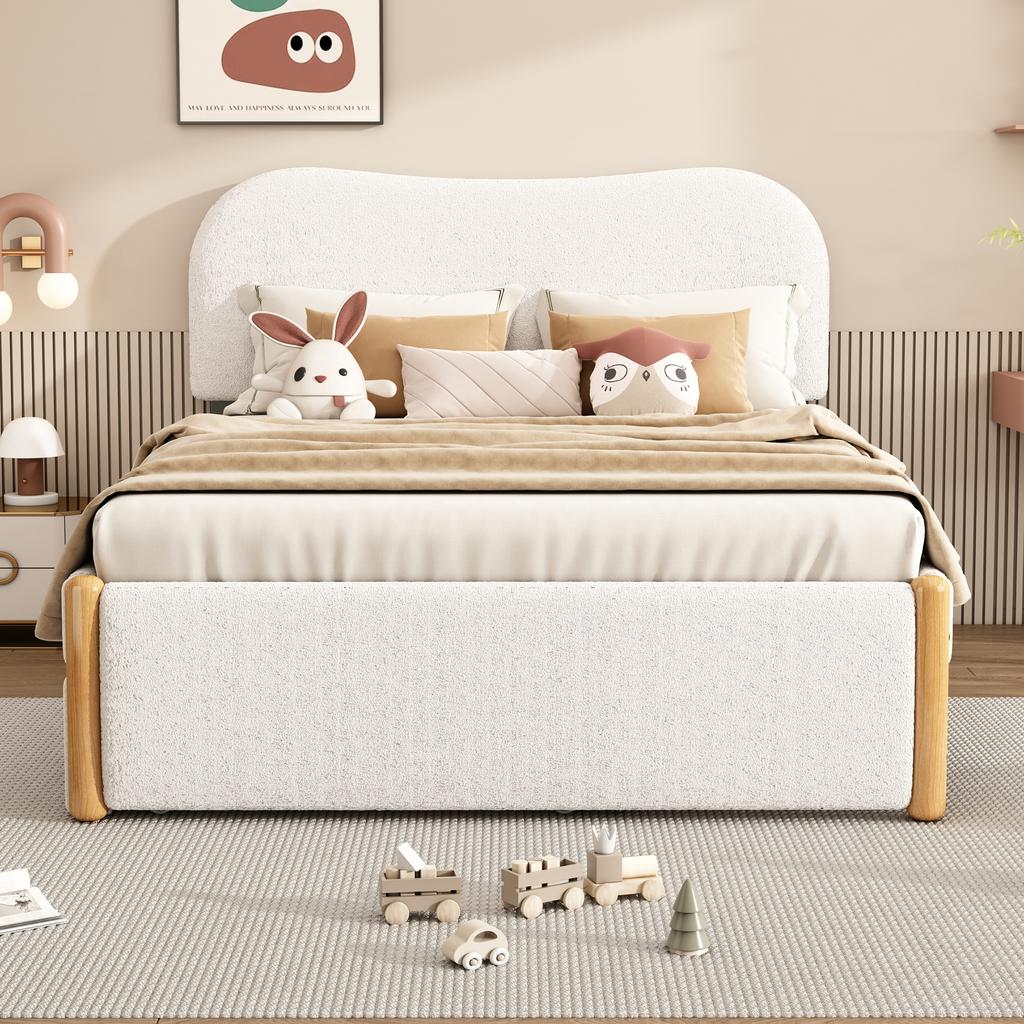 Letto piatto 140*200 cm, imbottito, con pratico letto estraibile su ruote, design minimalista, bianco