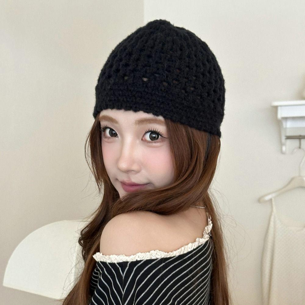 Hollow Out Knitted Beanies Hat Thin Weave Cap Retro Crochet Pullover Hat  Girls