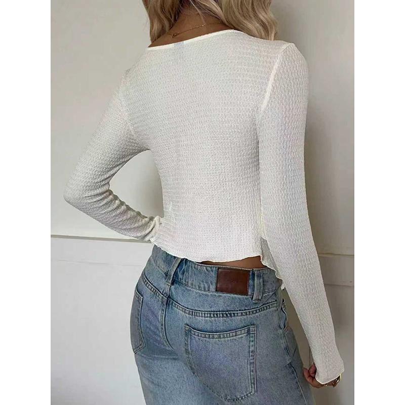 Women Spring Autumn New Solid Color Square Collar Long Sleeved Ruffle Hem Slim Fit Waist Cinched Casual Crop Top