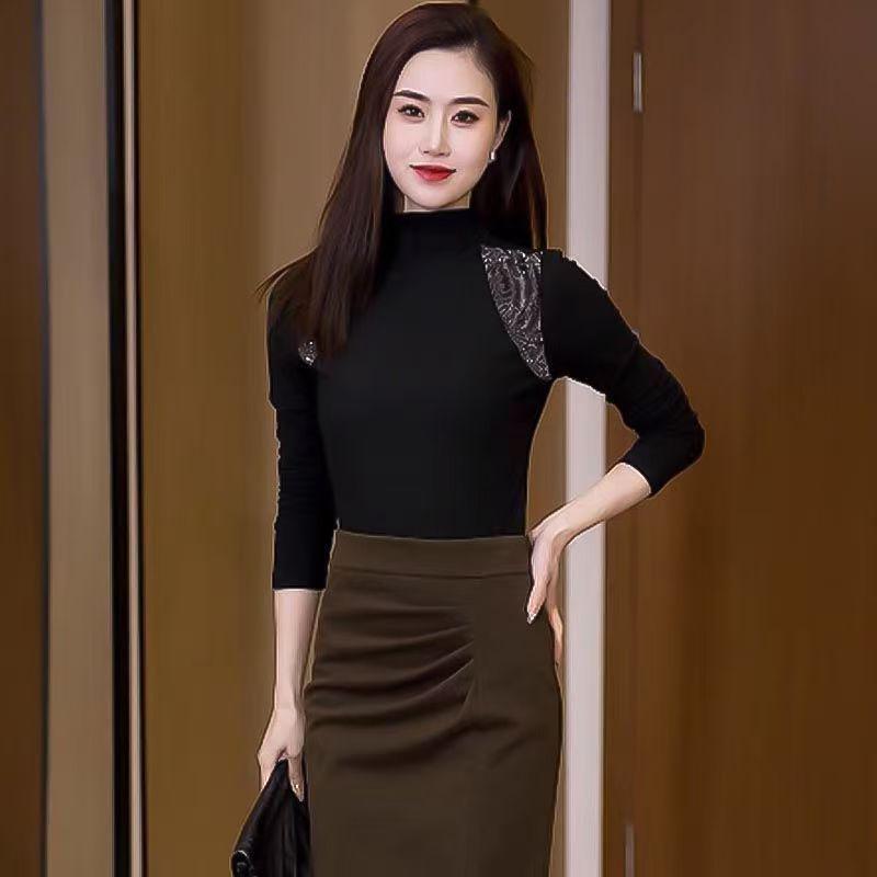 

Женский европейский топ с флисовой подкладкой, черный, с высоким воротом, с длинным рукавом, осенне-зимний, с деталями горячей фиксации 4XL [152-165 lbs]