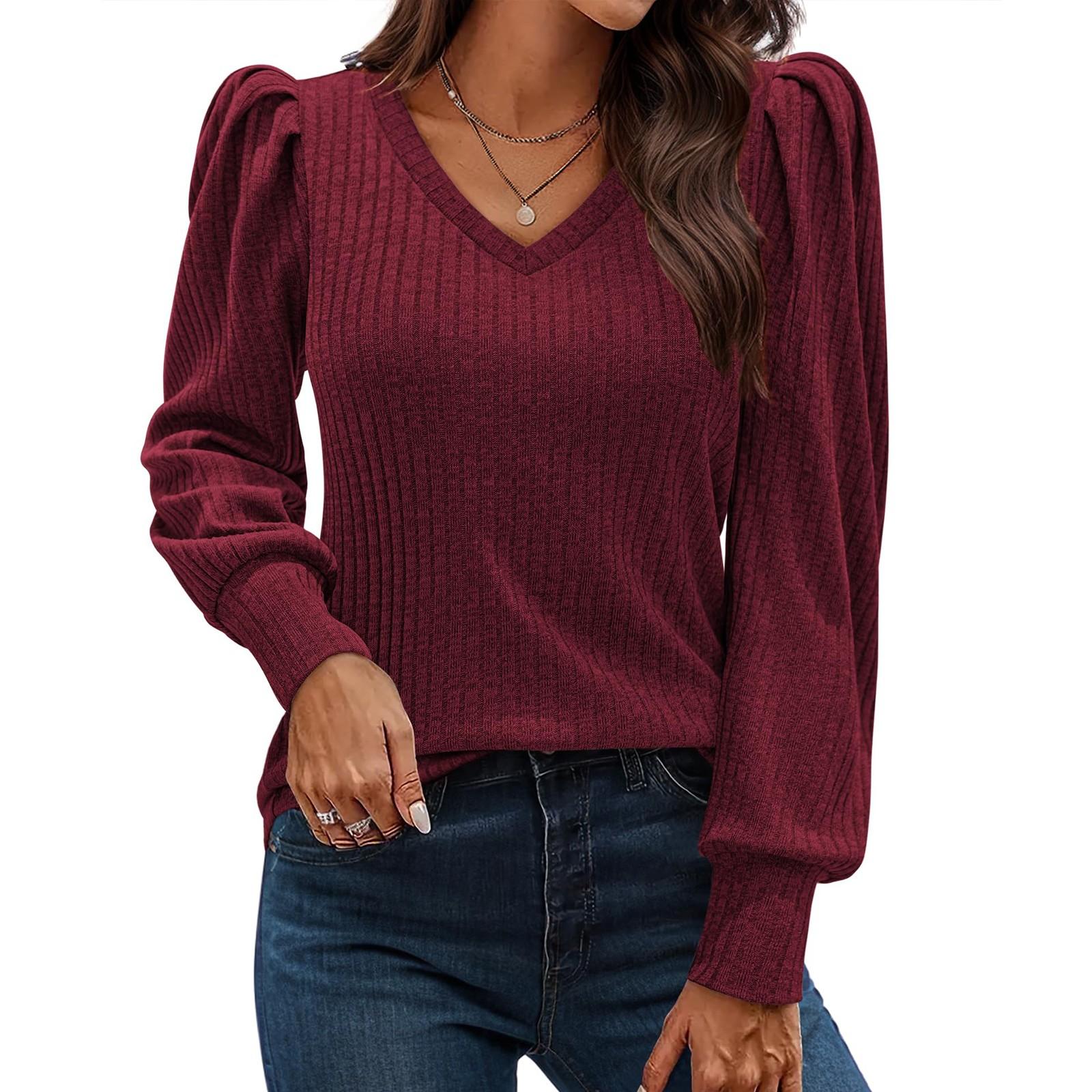 

Женская однотонная футболка с V-образным вырезом и длинными рукавами из пеноматериала XL винный