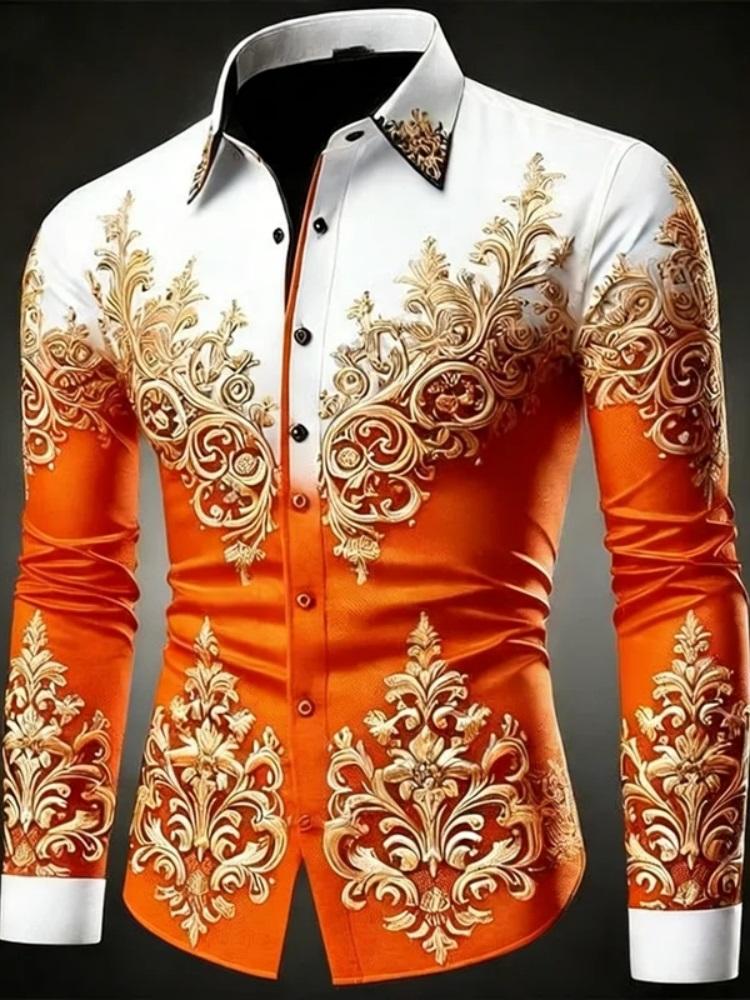 Men's Plus Size Hawaiian Shirt Long Sleeved Button Up Retro Floral 3D Print Gold Exquisite Pattern Fashionable 12 Colors Availab