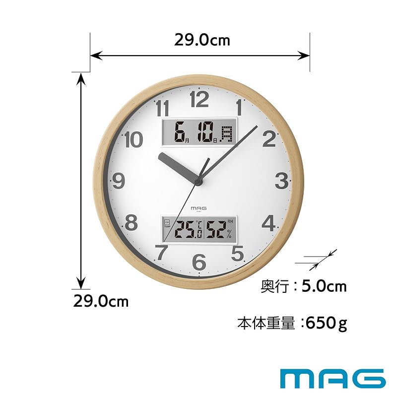 MAG Wall Clock, Analog, Stylish, Interior Decor, Thermometer, Hygrometer, Calendar, Silent, Continuous Second Hand, 29.0cm Diameter, Wood Grain
