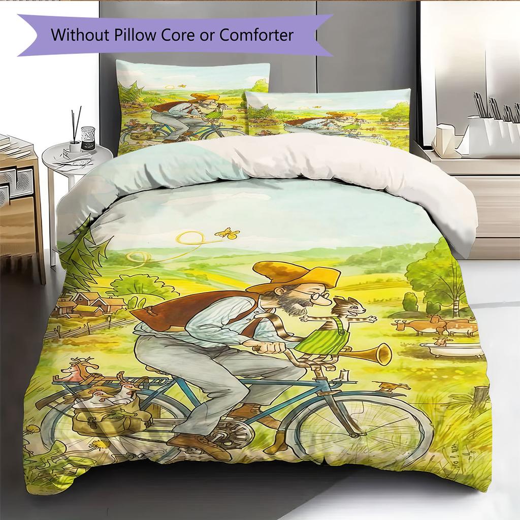 Pettson och Findus Bedding Quilt Set Quilt Cover Pillowcase Home Decoration Birthday Gift (1 * duvet cover + 2 * pillowcase, without core)