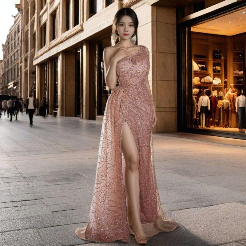 

2025 Весна/Зима Женское Сексуальное Вечернее Платье на Одно Плечо с Пайетками, Юбка Бодикон, Новинка Small розовый