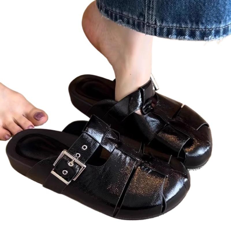 

Fashion 2025 Summer New Women s Closed Toe Slippers Fashion Round Toe Buckle Flat with Sandals Outdoor Casual Daily Slippers Zapatos 40 чёрный