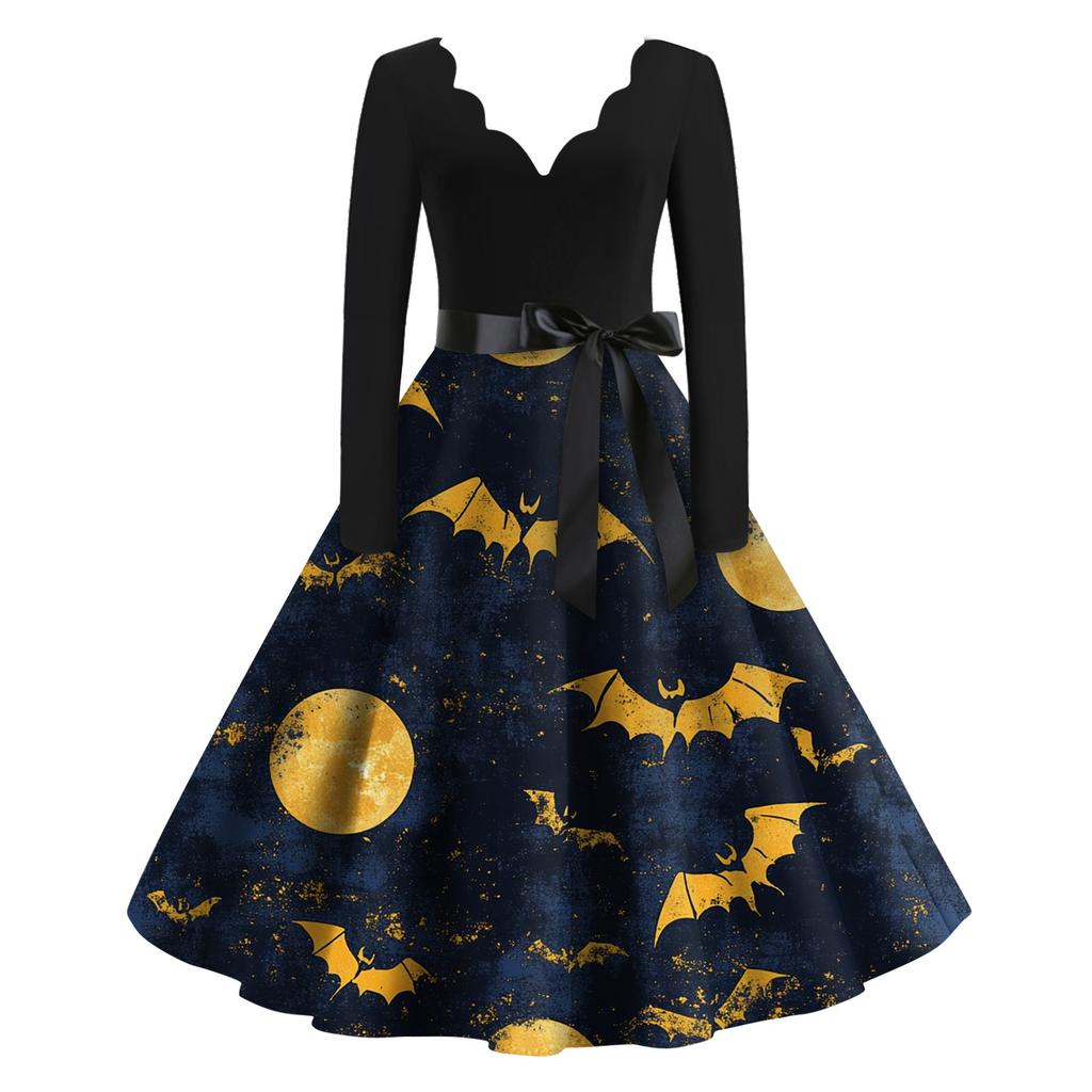 Kvinners uformelle mote Halloween trykt V-hals vintage kjole