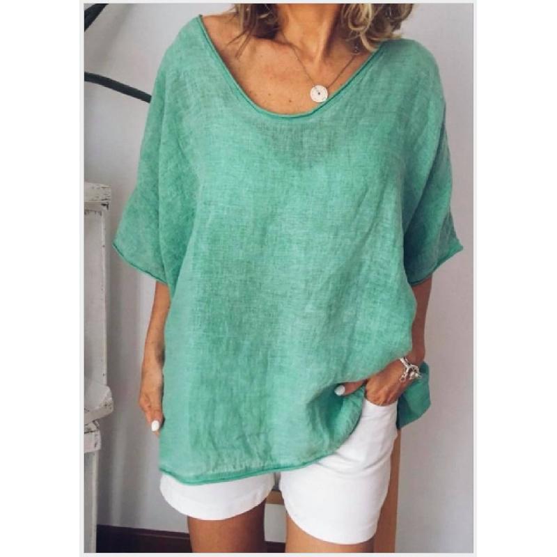 Women'S Fashion Short Sleeve Cotton And Linen Loose Casual Solid Color Top