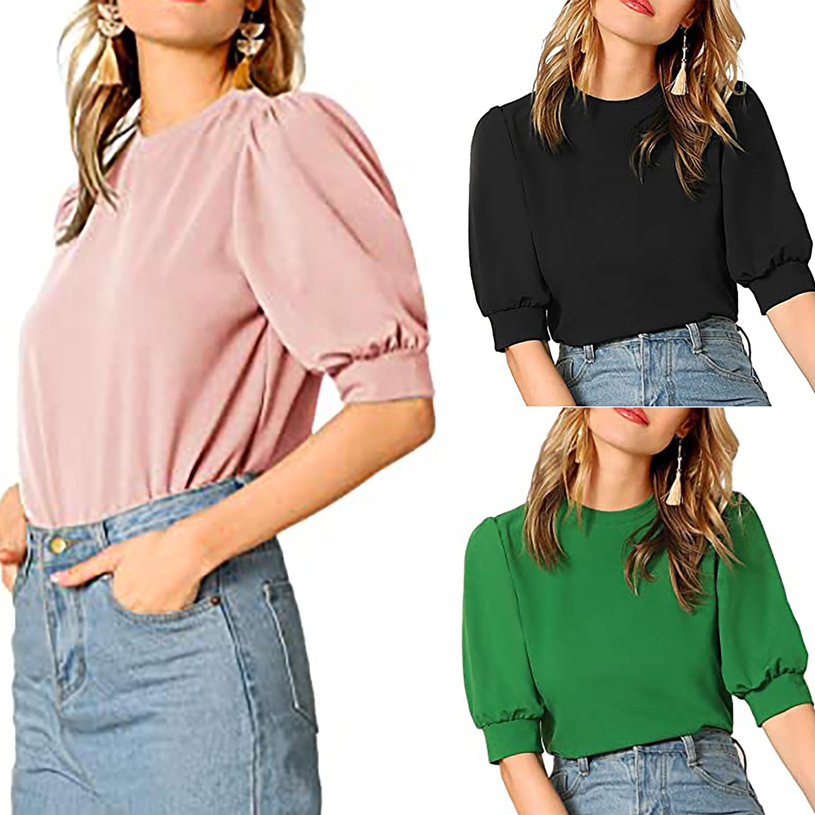

Women s Casual Puff Sleeve Solid Color Pullover Keyhole Back Blouse