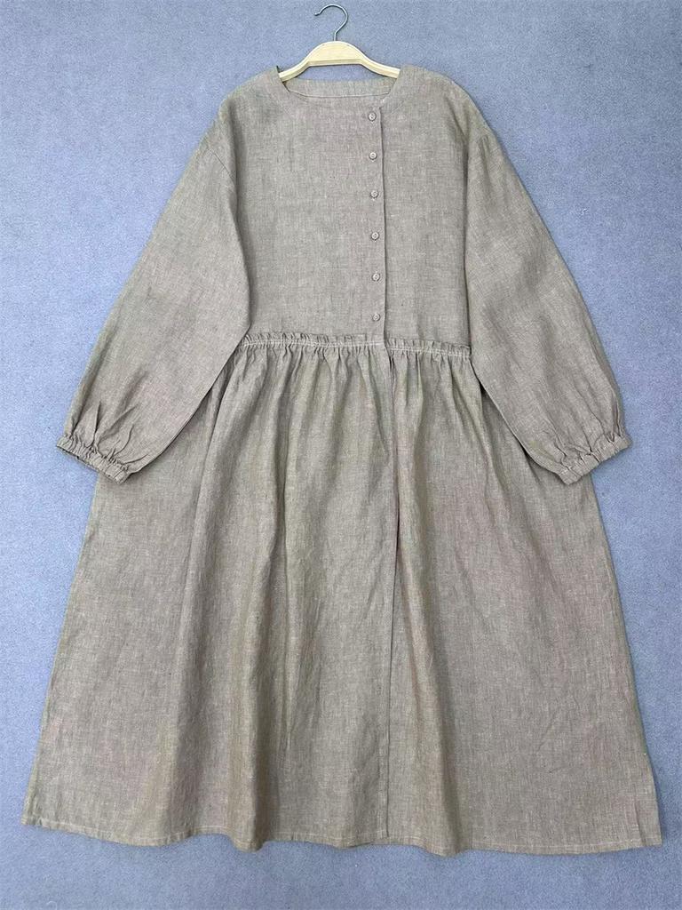 Johnature Spring Autumn Round Neck Ruffled Dress For Women Loose Casual Vintage Dress For Women