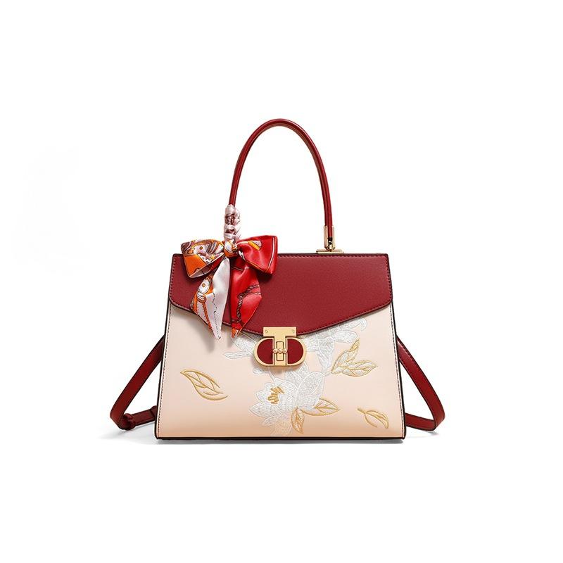 New Genuine Leather Women's Bag Chinese Style Embroidery Middle-aged Married Bride Mother-in-law Bag