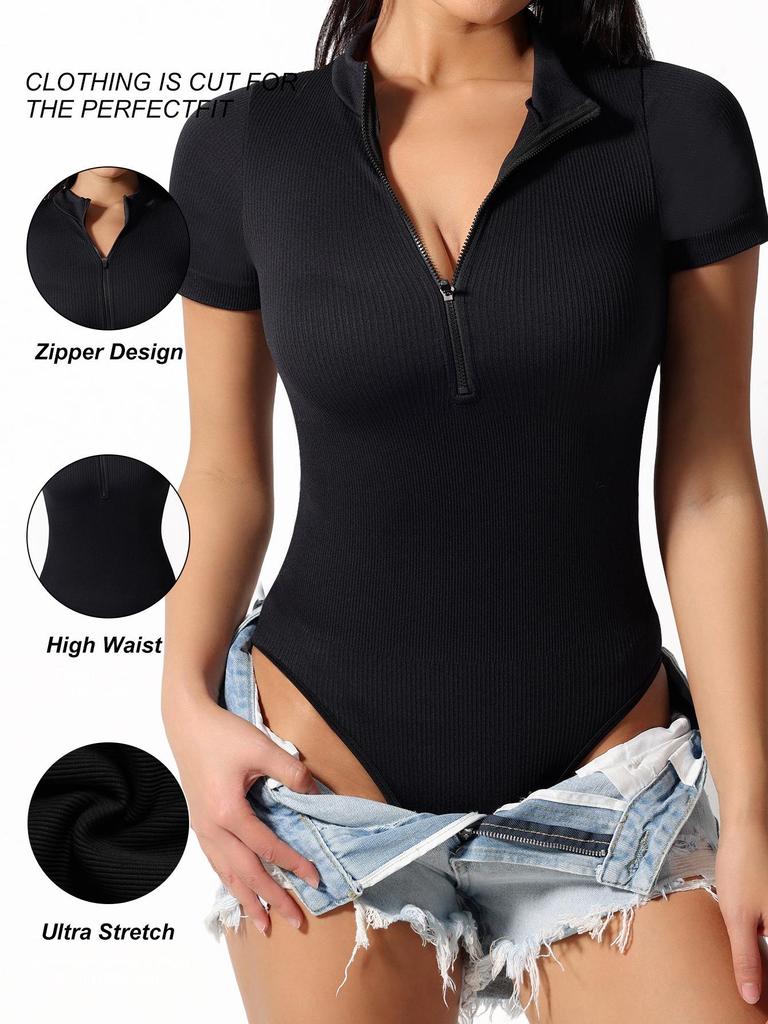 Seamless Ribbed Bodysuit with Stand-up Collar and Wide Shoulder, Sexy Back, Solid Color Jumpsuit