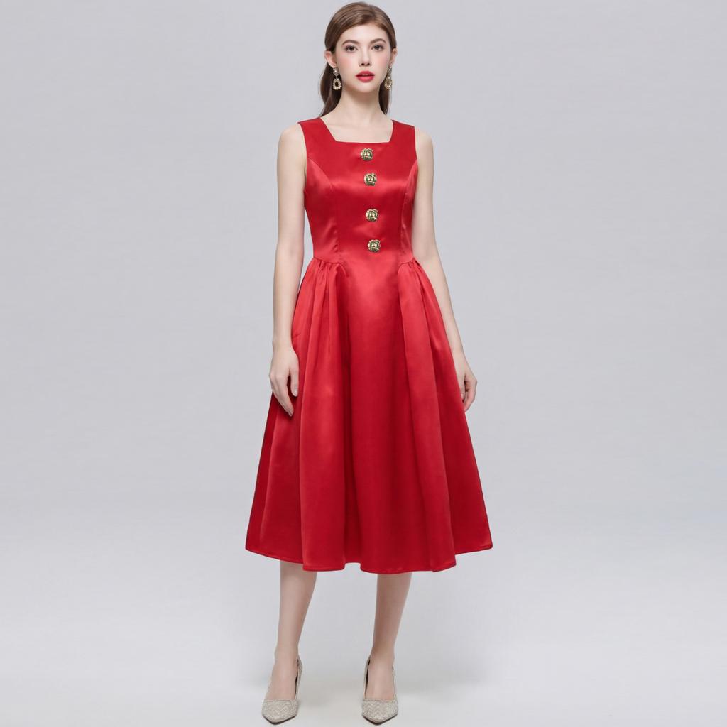 Elegant Sleeveless Satin Dress for Women Luxurious Solid Color Flower Buttons Summer Autumn Formal Evening Party Vestidos