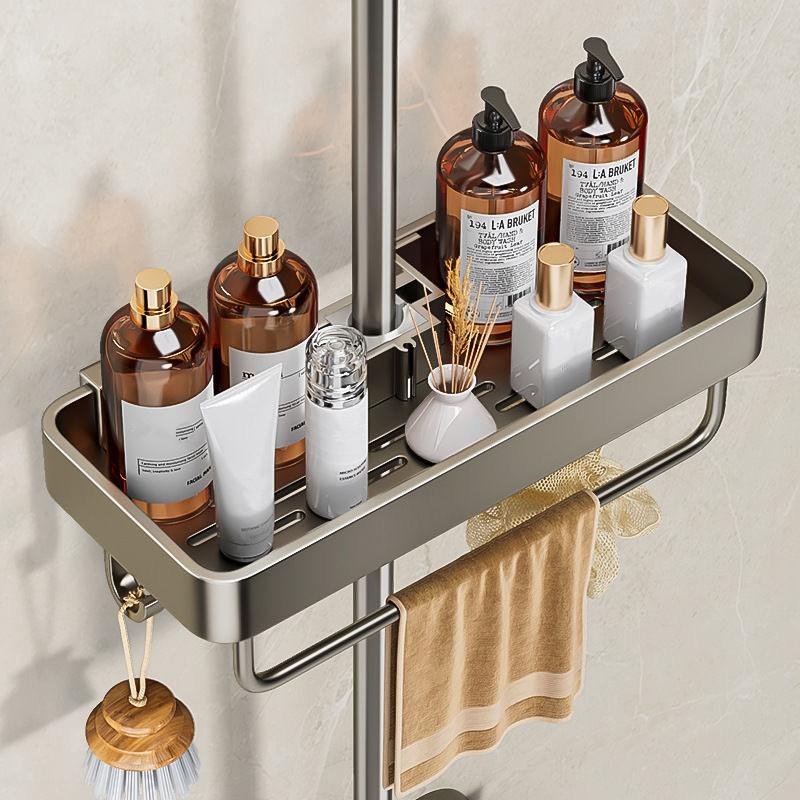 Punch-Free Shower Caddy With Towel Rod Bathroom Shelf Shampoo Soap Holder Shower Tray For Toilet Bathroom Organizer
