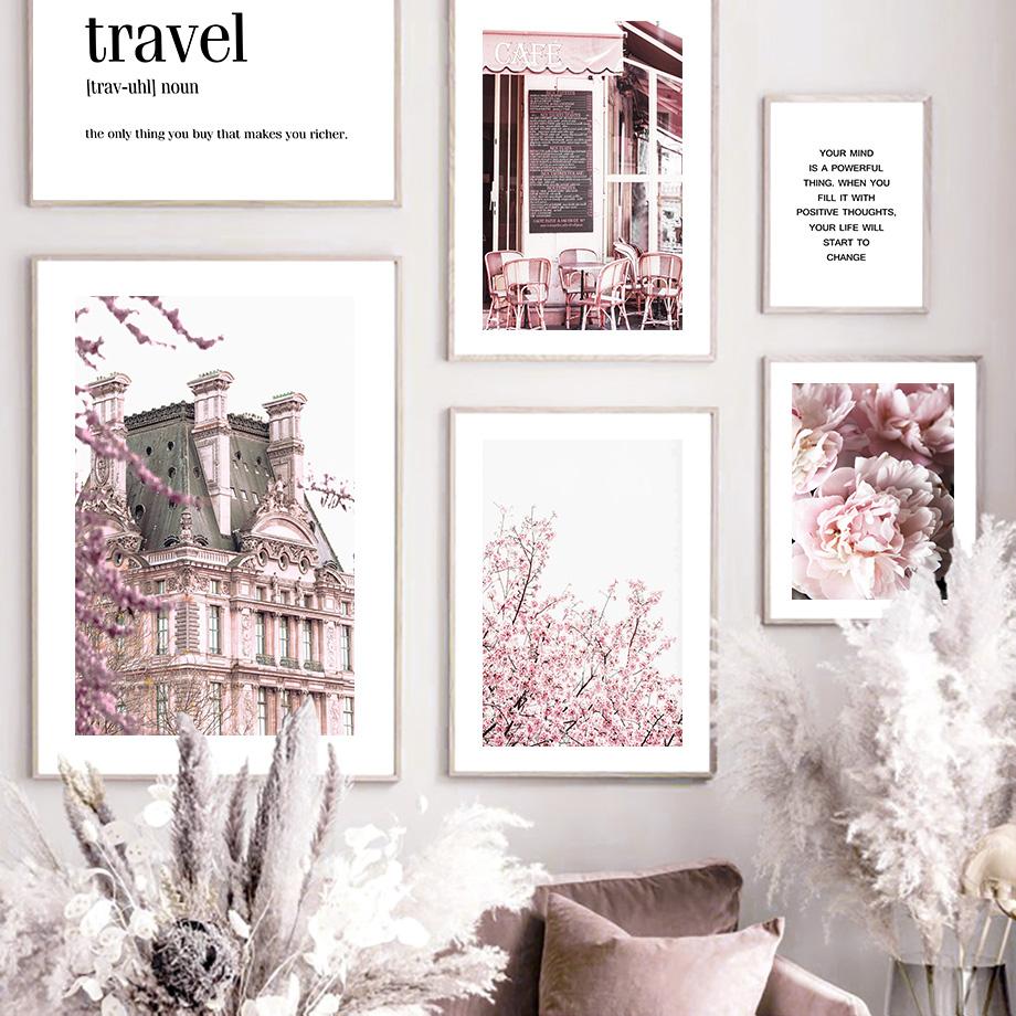Pink Sakura Paris Tower Peony Travel Quotes Wall Art Canvas Painting Nordic Posters And Prints Wall Pictures Living Room Decor