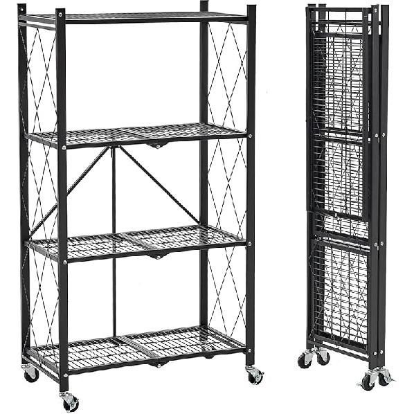 BRIAN & DANY 4-Shelf Foldable Storage Shelves with Wheels, Folding Metal Rack Shelving Unit, Heavy Duty No Assembly Organizer Shelf for Garage,