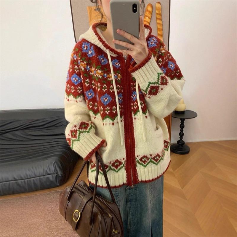 Contrasting colors Fair Island thickened hooded sweater jacket women's autumn and winter new loose versatile and thin knitted cardigan