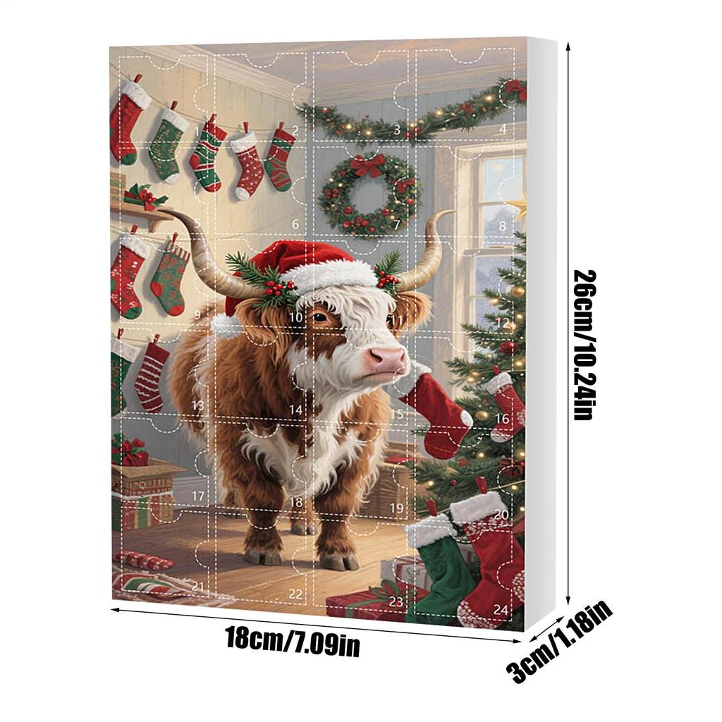 2025 Christmas Advent Calendar 24 Days Countdown 2D Acrylic Highland Cow Pendant Ornament for Car Home Window Decor Xmas Gift