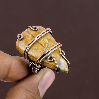 Piedra Preciosa Jaspe Abejorro Natural Hecho a Mano Anillo Envuelto en Alambre de Cobre Talla 7 L2N92