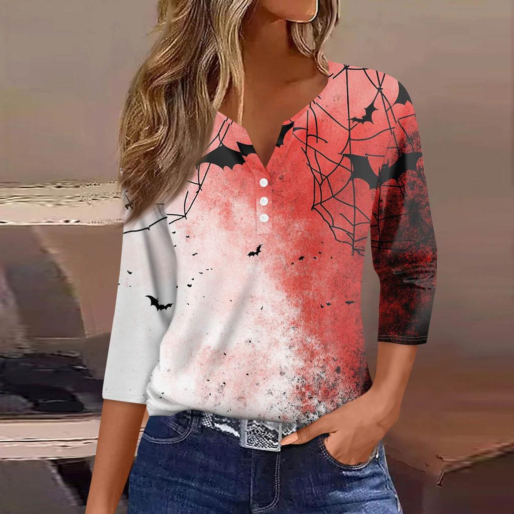 Damenmode Lässiges T-Shirt V-Ausschnitt Sieben Ärmel Bedrucktes Knopfoberteil