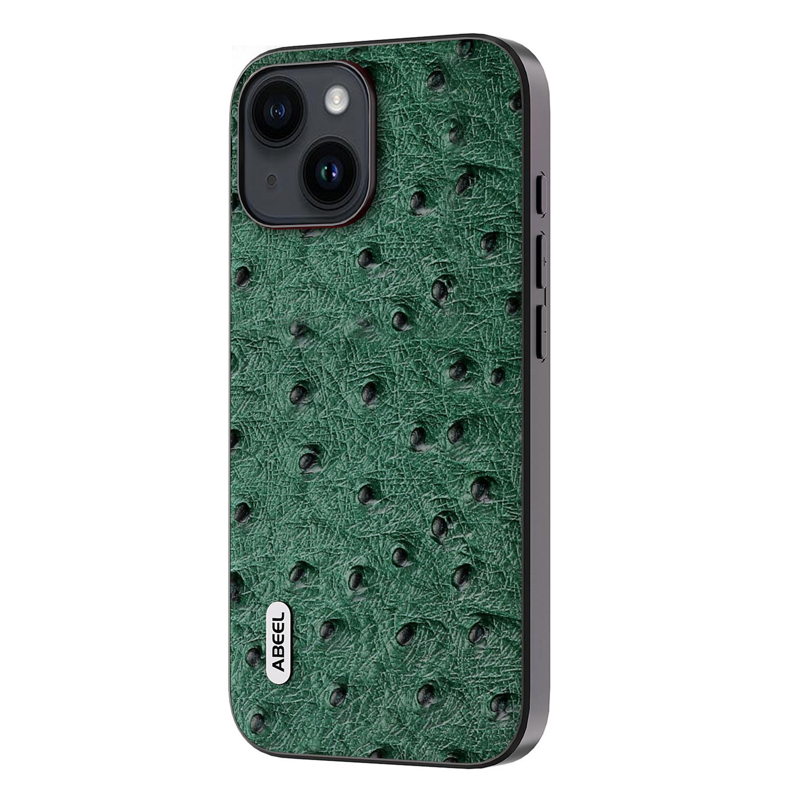 

ABEEL For iPhone 15 Plus Ostrich Texture Anti-drop Cover Genuine Cow Leather Coated PC+TPU Phone Case Green