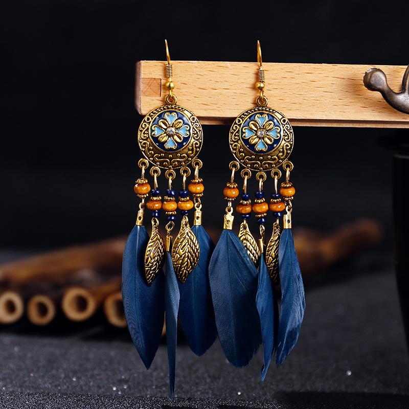 Bohemian Vintage Zircon For Women 2024 Trendy Carved Leaf Feather Tassel Long Earrings