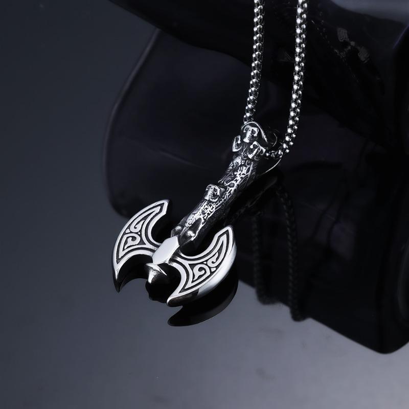 Punk nordic viking mythology totem battle axe stainless steel ready-to-ship necklace