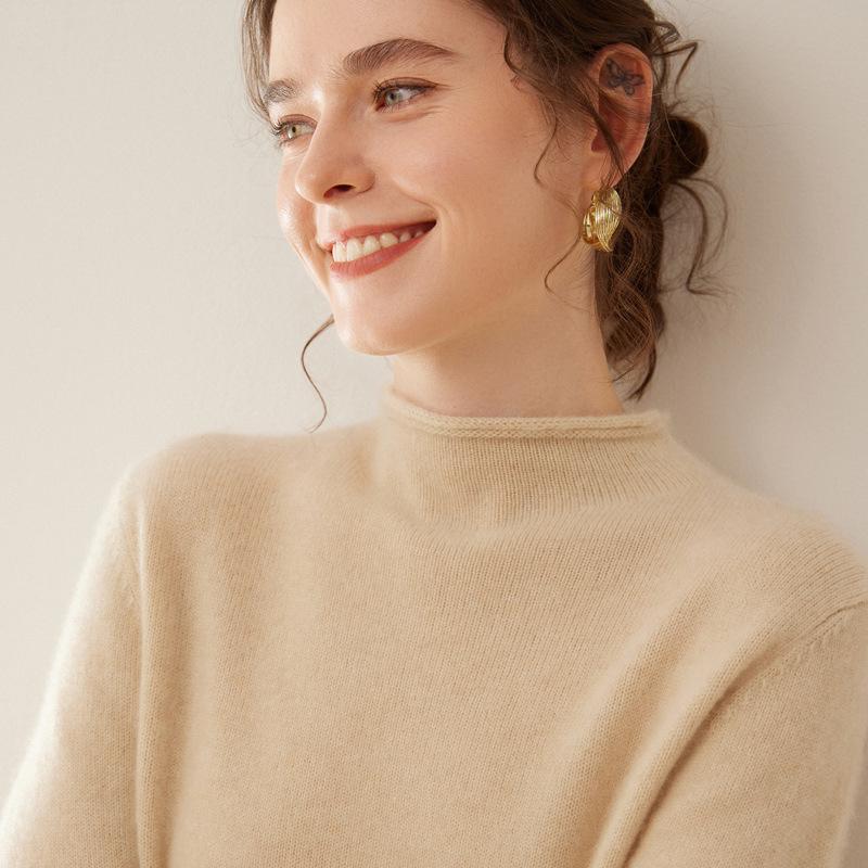 Women's Cashmere Rolled Hem Turtleneck Sweater: Pure, Double-Ply, Thick Knit, Short, Loose, Versatile Base Layer
