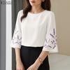 Women Casual Round Neck Elegant Print 3/4 Sleeve Loose Blouse