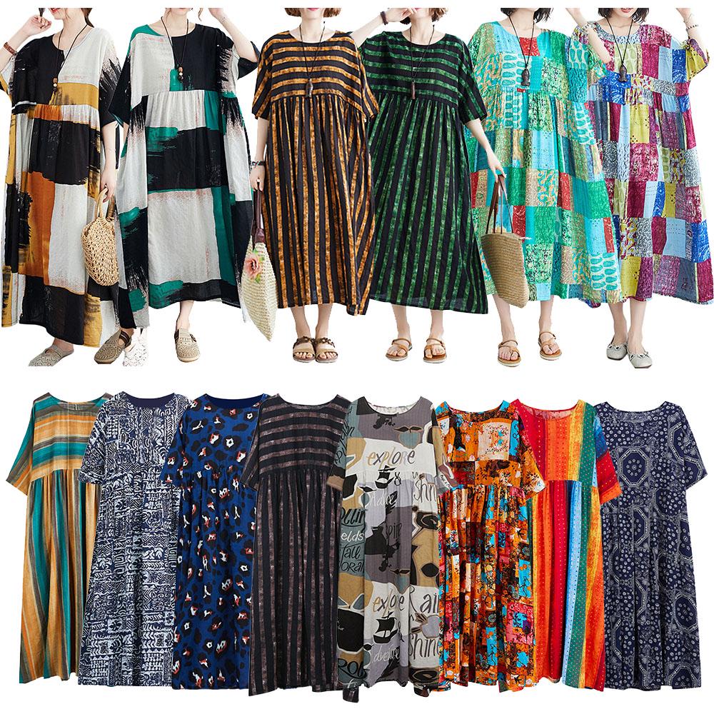Vintage Women Cotton Linen Dress Print Spliced Striped O Neck Short Sleeve Pocket Loose Dress