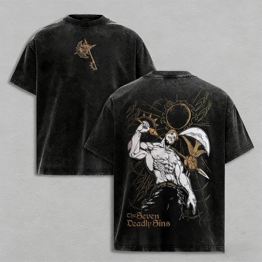 Anime-Liebhaber Sieben Todsünden Escanor Bedrucktes Unisex Gewaschenes Oversized T-Shirt Unisex Baumwolle Streetwear Kurzarm Unisex Kleidung