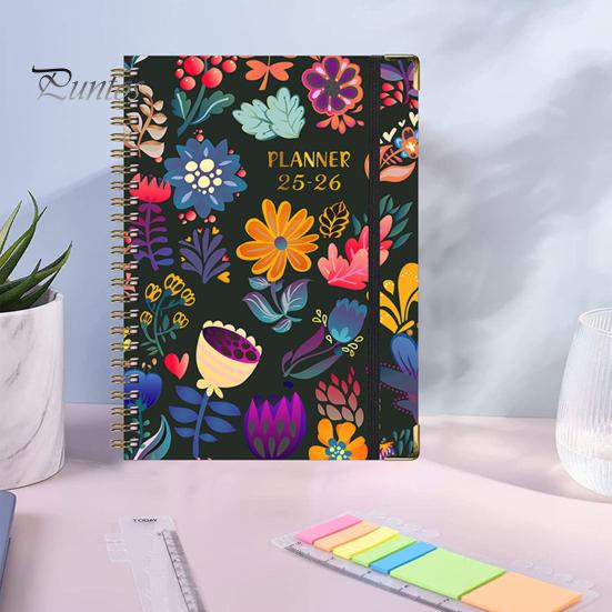 Planer 2025–2026, Juli 2025 – Juni 2026, 12 Monate, Tages-, Wochen- und Monatsplaner, Notizbuch mit Blumendruck und Spiralbindung für Zuhause, Büro und Schule