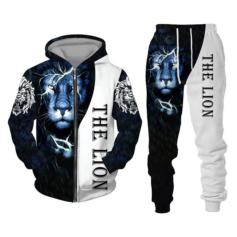 Ny The King Lion 3d Animals Print Glidelås Hettegenser Dress Herre og kvinner Sportsklær Todelt sett Høst Vinter Langermet Joggedress
