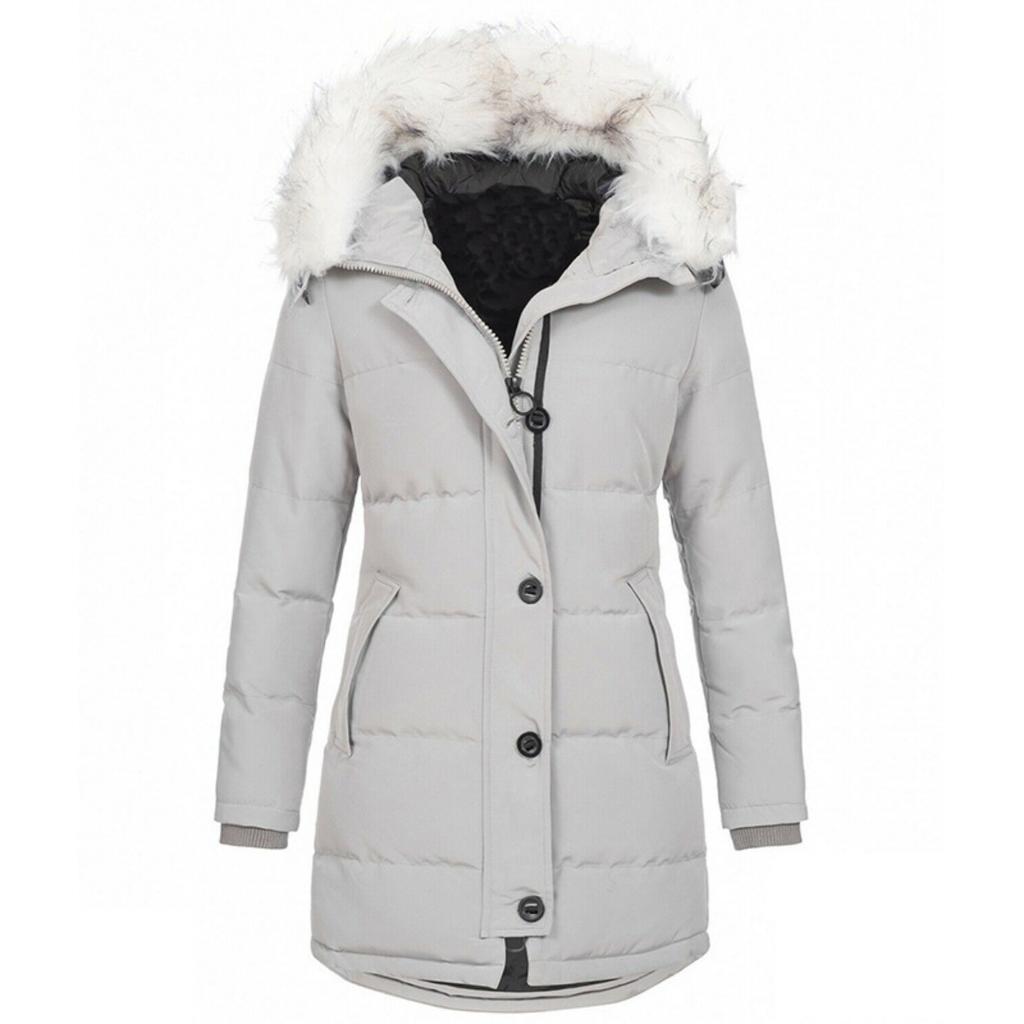 Parka Caldo Invernale da Donna a Maniche Lunghe con Cappuccio e Zip, Colore Solido, Lunghezza Media, in Cotone