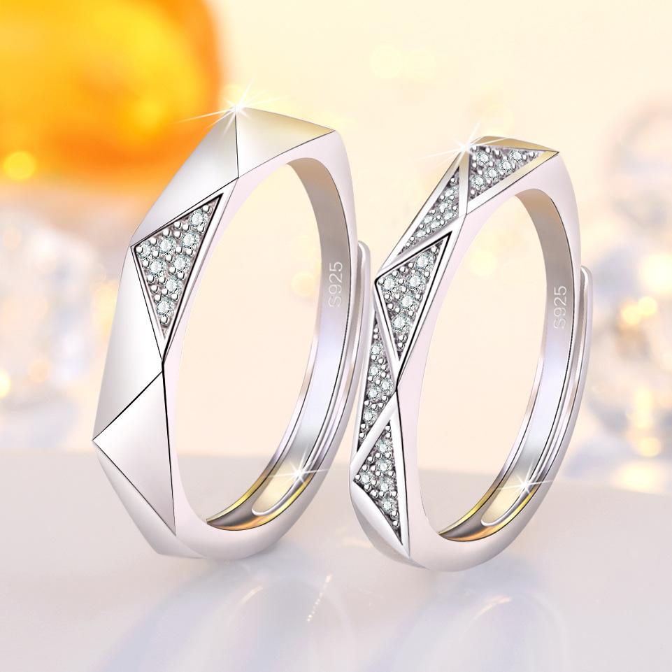 2PCS 925 Sterling Silver Ring Adjustable Open Couple Engagement Rings for Women Men Wedding Ring Party Fashion Jewelry Gift