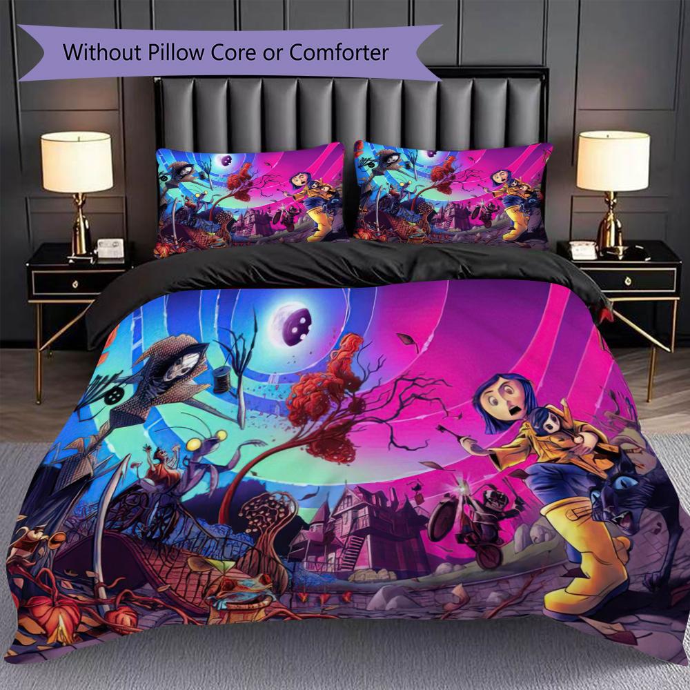 1PC Coraline Pattern Bedding Quilt Set Quilt Cover Pillowcase Home Decoration Birthday Gift (1 * Duvet Cover + 2 * Pillowcase, Without Core)