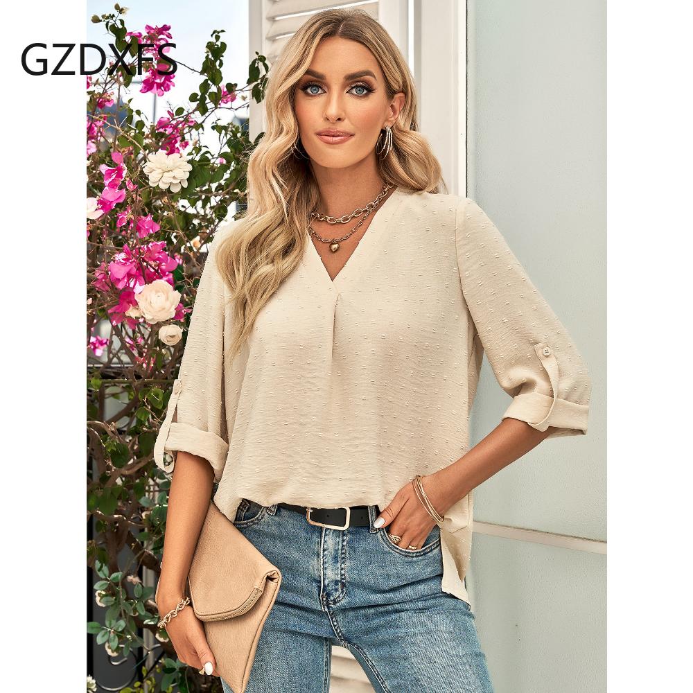 DX-Spring/Summer New Women's Fashion Solid Loose V-neck 3/4 Sleeve Top