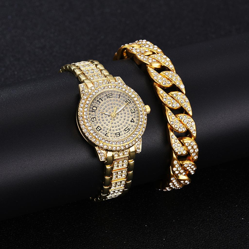 Full Diamond Roman Literary Steel Belt Watch Female Gypsy Temperament Business Quartz Watch Hip Hop Wind Full Diamond Bracelet Set