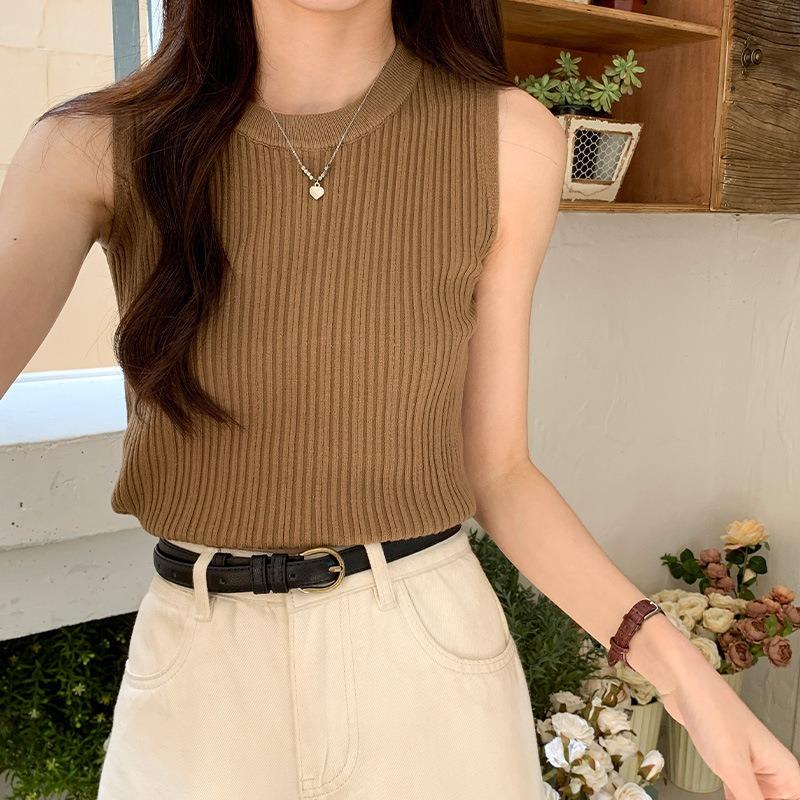 

Весна-лето без рукавов трикотажные топы на подтяжках с круглым вырезом женские верхние жилеты из ледяного шелка однотонный топ-пуловер повседневная простая майка одежда 3092 One Size кофейный