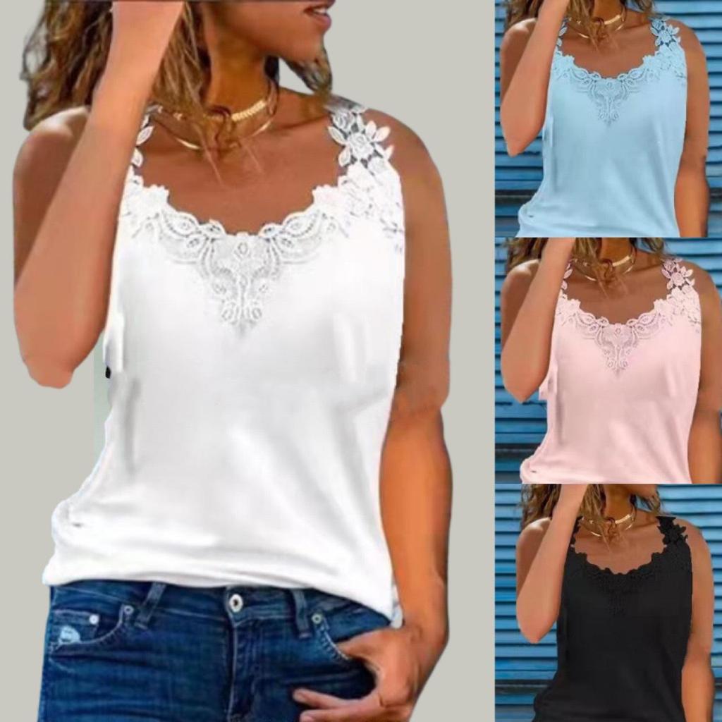Kadın Moda Yelek Yaz Artı Boyutu Rahat Gömlek Dantel Dikiş Kolsuz Üstler