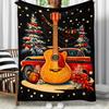 Guitar Christmas Truck Flannel Blanket Holiday Music Theme Red Car Acoustic Guitar Snow Trees Decorative Soft Fleece Throw Music