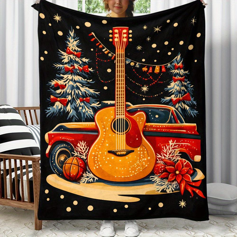 Guitar Christmas Truck Flannel Blanket Holiday Music Theme Red Car Acoustic Guitar Snow Trees Decorative Soft Fleece Throw Music 75x100cm