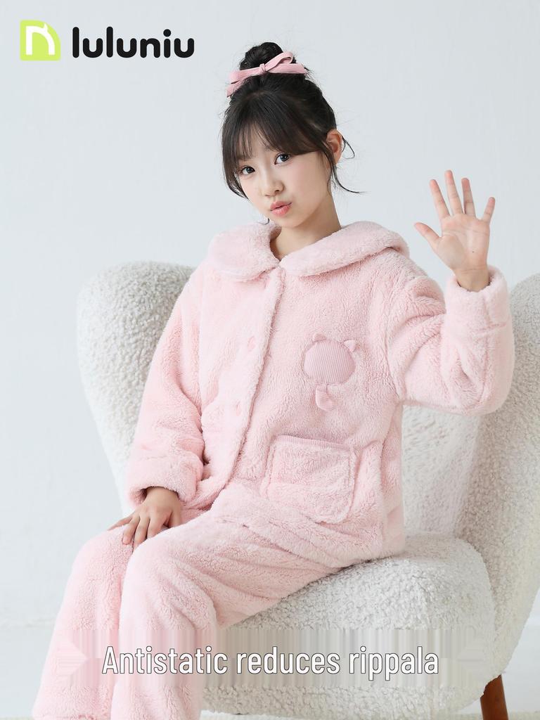 Lulu Niu Mädchen Flanell Pyjama - Herbst/Winter Gemütliche und Verdickte Korallenfleece Homewear für Kinder