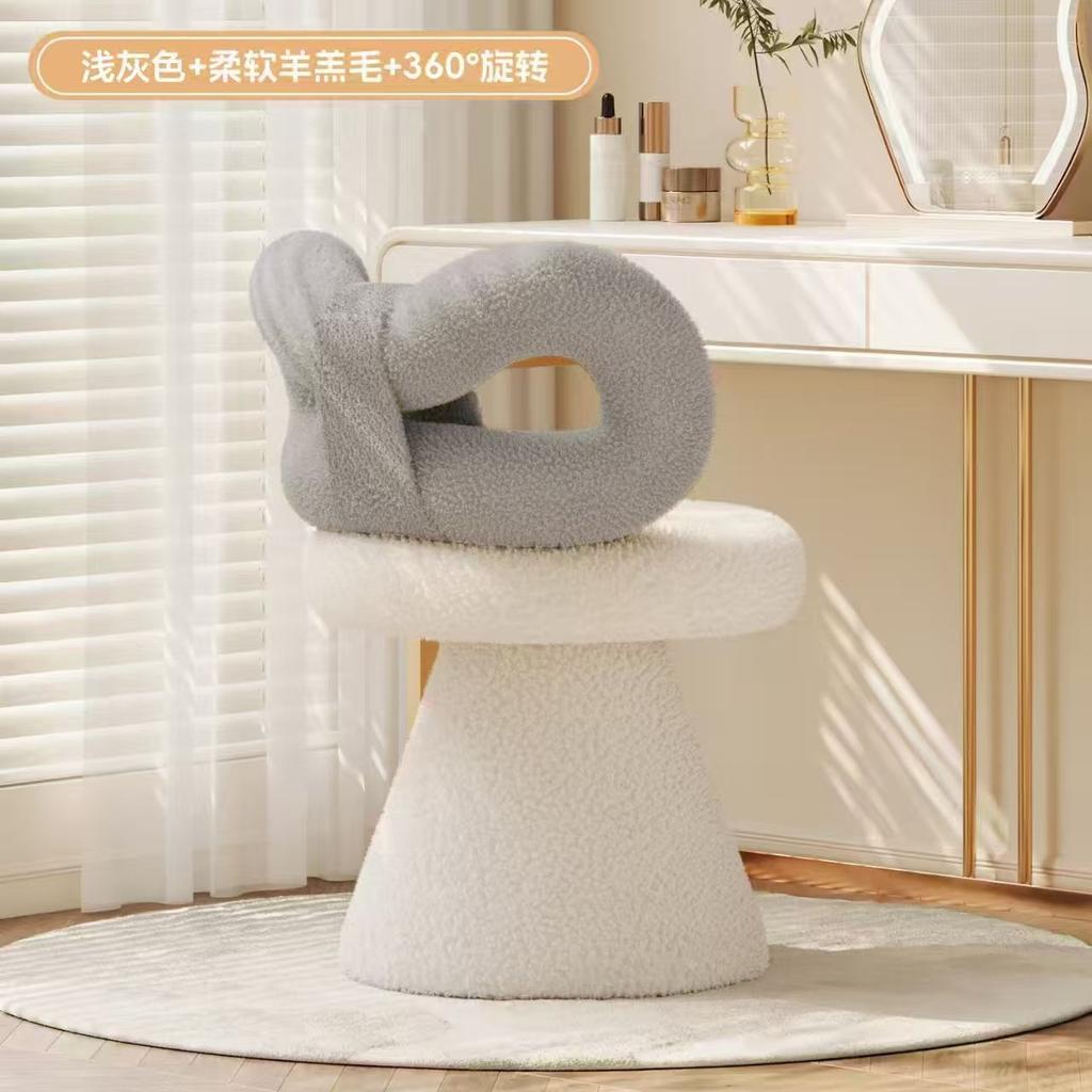 Cream Vanity Stool with Bow Back, Rotating Faux Sheepskin Makeup Chair,Nail Salon Stool for Dressing Table,Aesthetic Home Decor