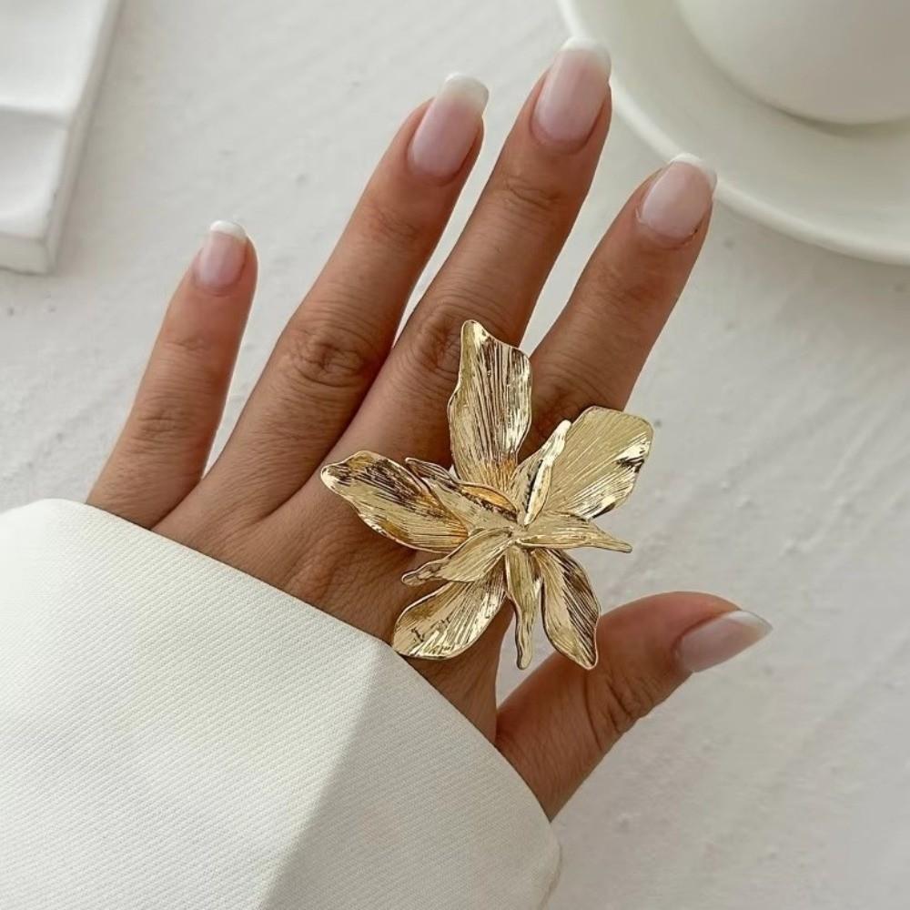 Zink Zinklegierung Metall Blume Ring Verstellbar Unregelmäßig Geometrisch Blütenblatt Ring Gold Groß Blumenring Party