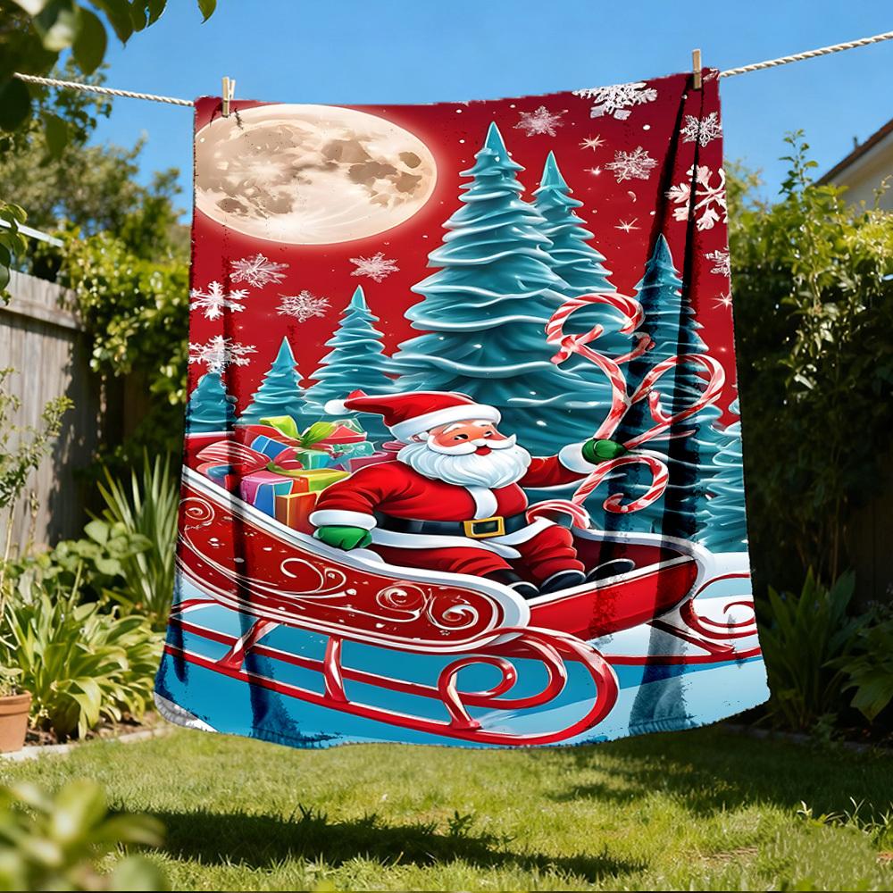 1ks Vánoční Santa Claus Venkovní flanelová deka Měkká celoroční polyesterová přehoz , Perfektní pro pikniky a cestování , Piknikové příslušenství
