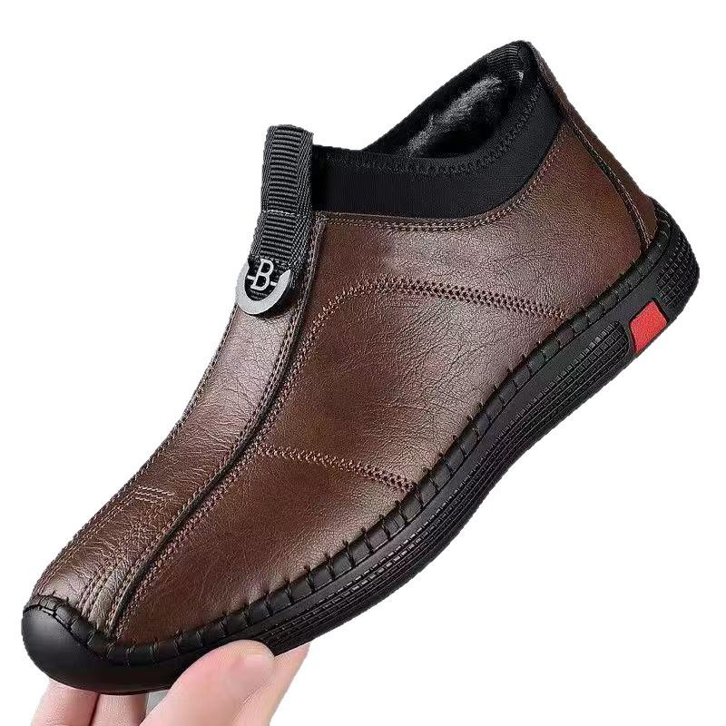 Men's Leather Slip-On Shoes - Velvet-Lined, Warm, Versatile Korean Style for Autumn and Winter